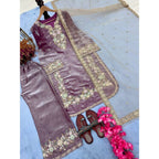 Silk Embroidered 3/4th Sleeve Round Kurti With Palazzo Pant and Dupatta Set (Lavender)
