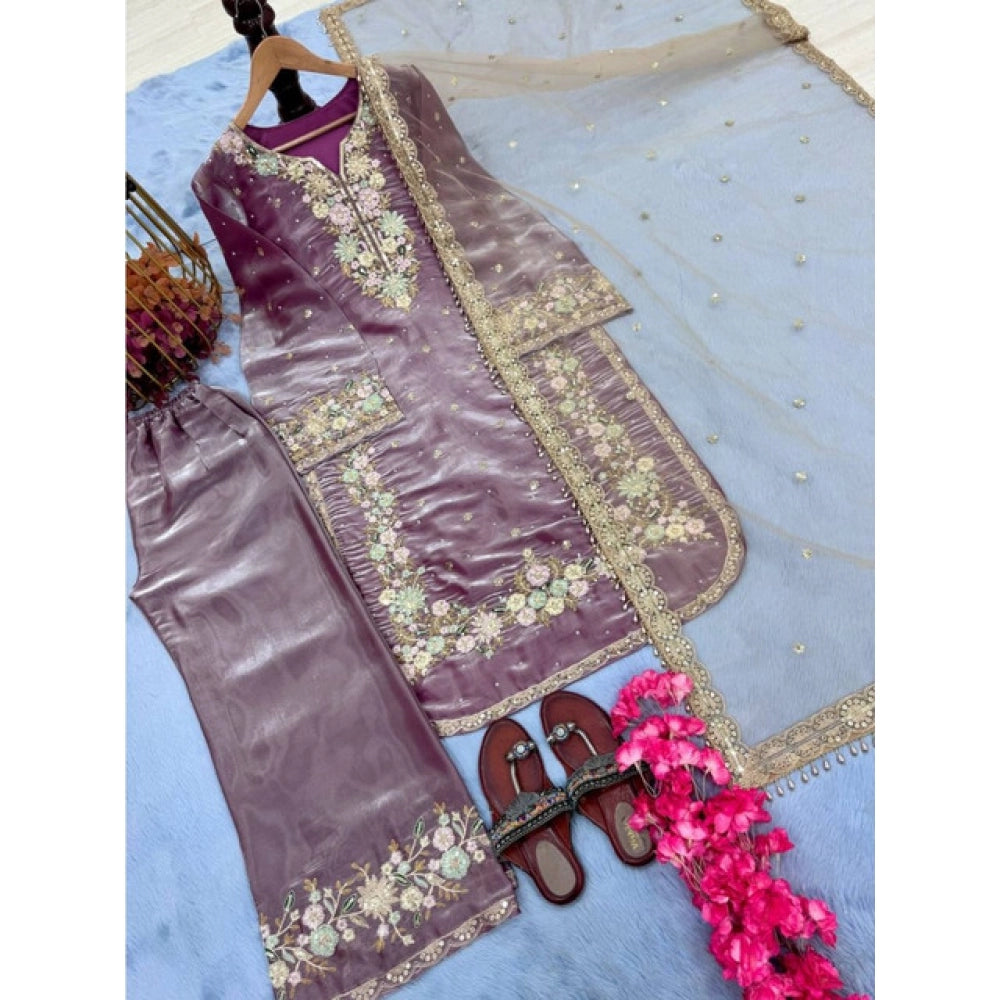 Silk Embroidered 3/4th Sleeve Round Kurti With Palazzo Pant and Dupatta Set (Lavender)