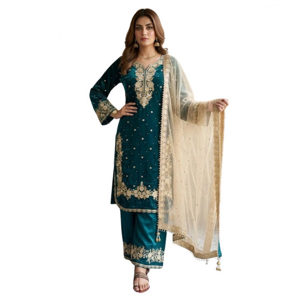 Silk Embroidered 3/4th Sleeve Round Kurti With Palazzo Pant and Dupatta Set (Teal)