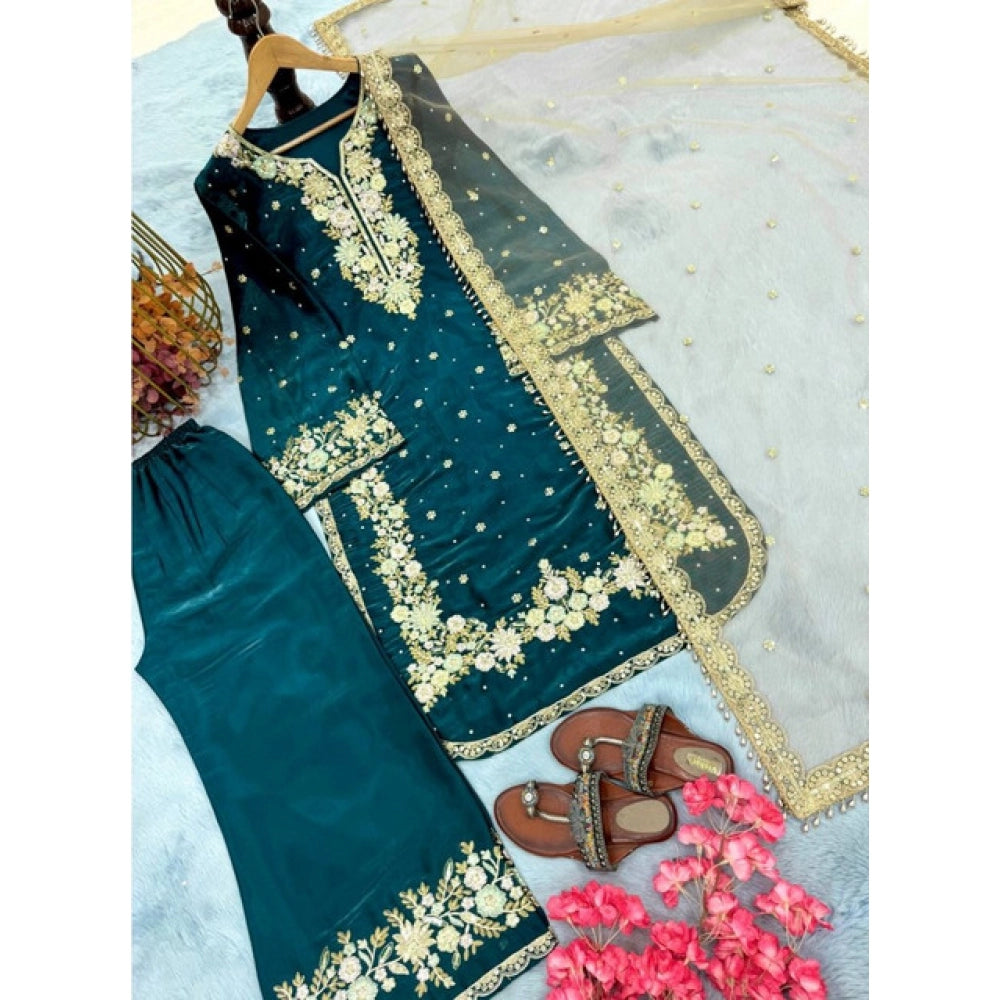 Silk Embroidered 3/4th Sleeve Round Kurti With Palazzo Pant and Dupatta Set (Teal)