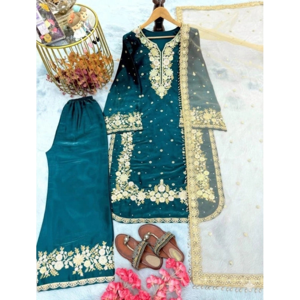 Silk Embroidered 3/4th Sleeve Round Kurti With Palazzo Pant and Dupatta Set (Teal)
