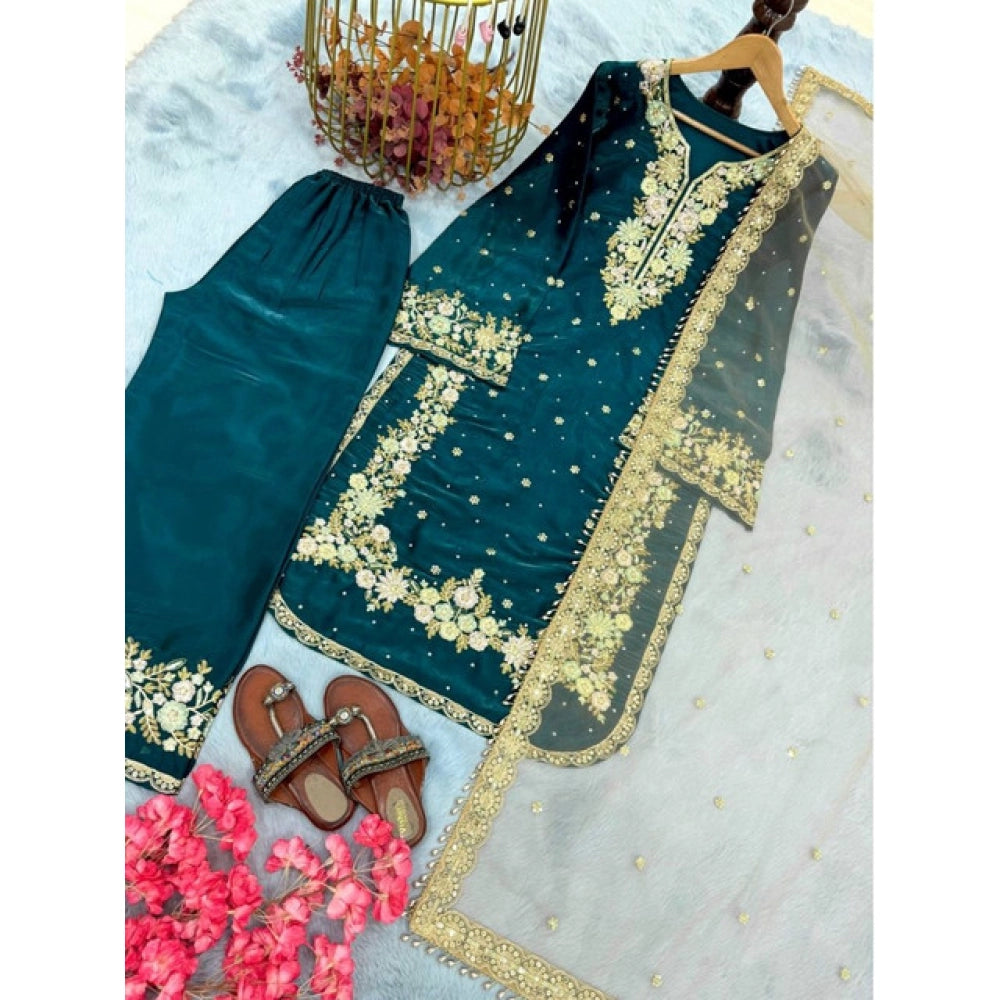 Silk Embroidered 3/4th Sleeve Round Kurti With Palazzo Pant and Dupatta Set (Teal)