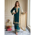 Silk Embroidered 3/4th Sleeve Round Kurti With Palazzo Pant and Dupatta Set (Teal)