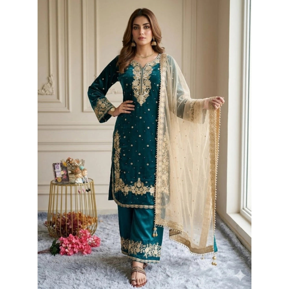 Silk Embroidered 3/4th Sleeve Round Kurti With Palazzo Pant and Dupatta Set (Teal)