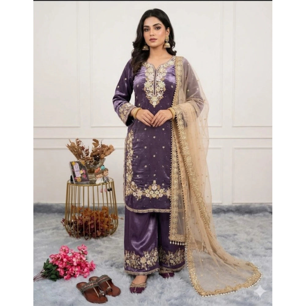 Silk Embroidered 3/4th Sleeve Round Kurti With Palazzo Pant and Dupatta Set (Purple)