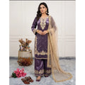 Silk Embroidered 3/4th Sleeve Round Kurti With Palazzo Pant and Dupatta Set (Purple)