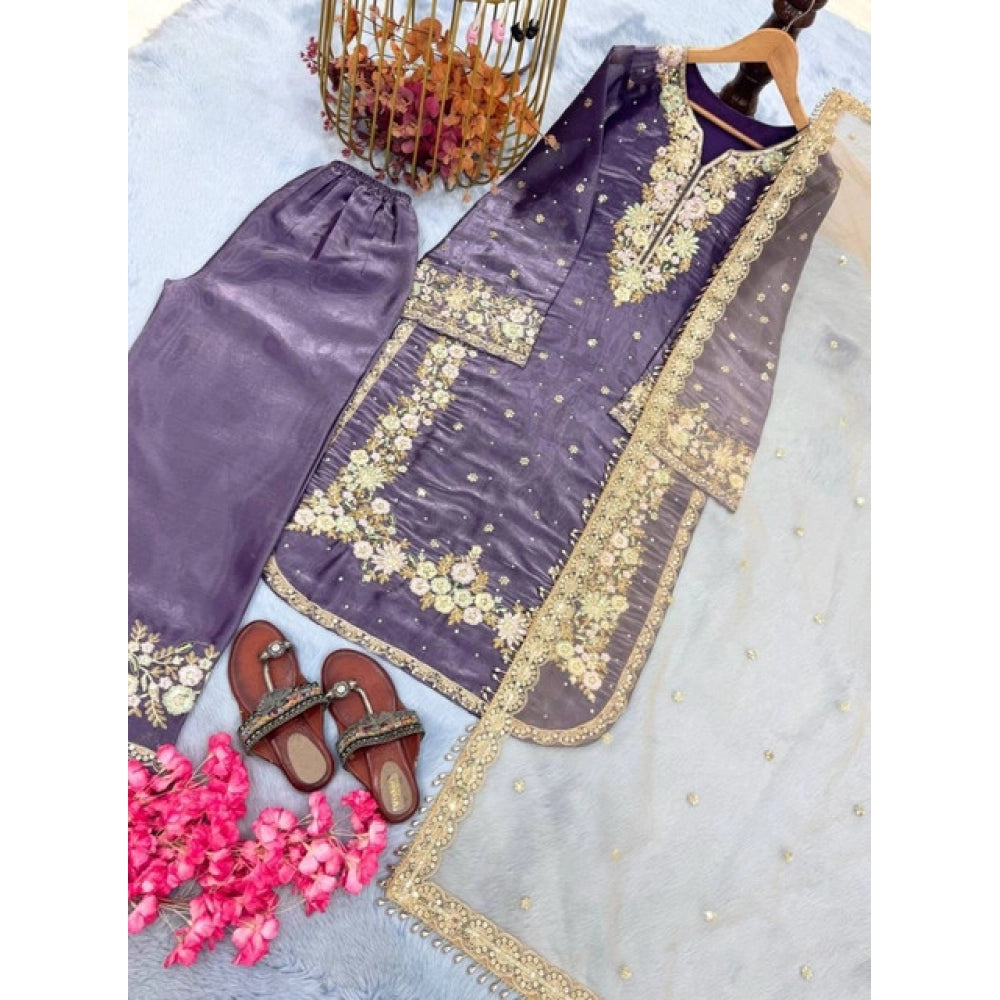 Silk Embroidered 3/4th Sleeve Round Kurti With Palazzo Pant and Dupatta Set (Purple)