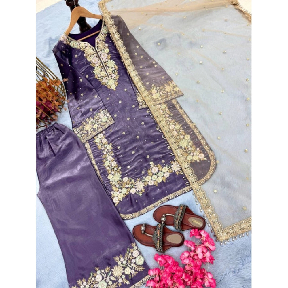 Silk Embroidered 3/4th Sleeve Round Kurti With Palazzo Pant and Dupatta Set (Purple)