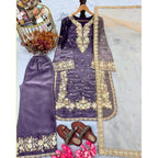 Silk Embroidered 3/4th Sleeve Round Kurti With Palazzo Pant and Dupatta Set (Purple)