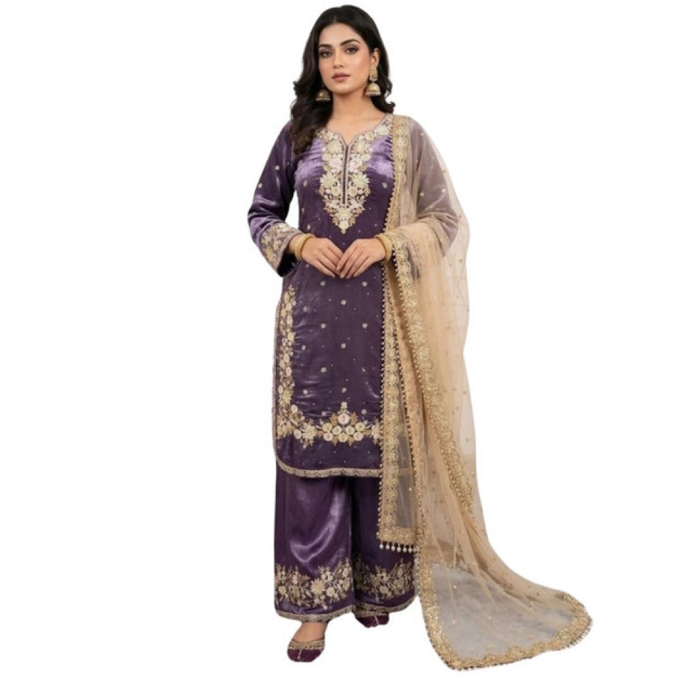 Silk Embroidered 3/4th Sleeve Round Kurti With Palazzo Pant and Dupatta Set (Purple)