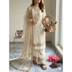Silk Embroidered 3/4th Sleeve Round Kurti With Palazzo Pant and Dupatta Set (White)