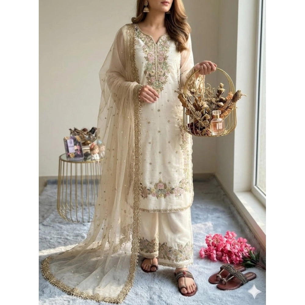 Silk Embroidered 3/4th Sleeve Round Kurti With Palazzo Pant and Dupatta Set (White)