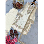 Silk Embroidered 3/4th Sleeve Round Kurti With Palazzo Pant and Dupatta Set (White)