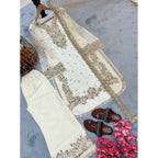Silk Embroidered 3/4th Sleeve Round Kurti With Palazzo Pant and Dupatta Set (White)