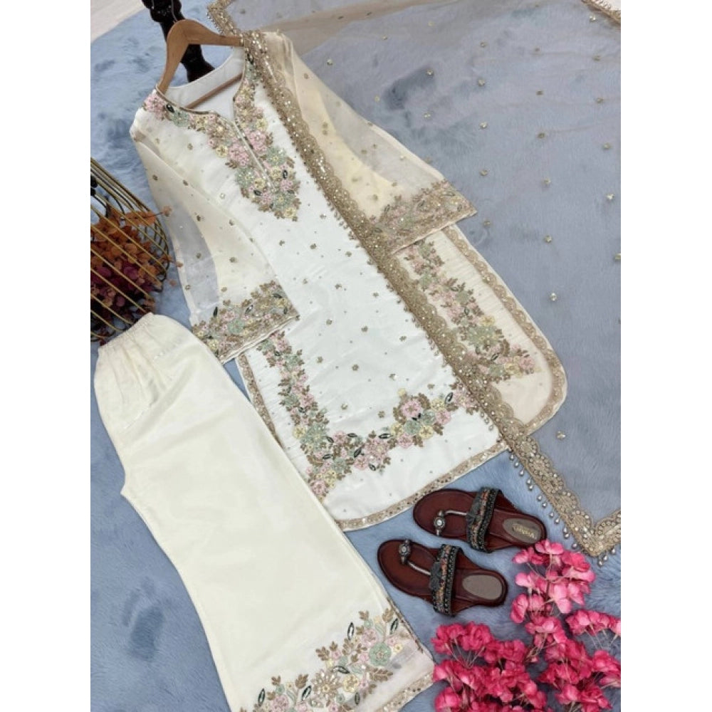 Silk Embroidered 3/4th Sleeve Round Kurti With Palazzo Pant and Dupatta Set (White)