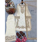 Silk Embroidered 3/4th Sleeve Round Kurti With Palazzo Pant and Dupatta Set (White)