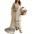 Silk Embroidered 3/4th Sleeve Round Kurti With Palazzo Pant and Dupatta Set (White)