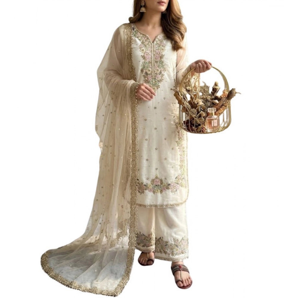 Silk Embroidered 3/4th Sleeve Round Kurti With Palazzo Pant and Dupatta Set (White)