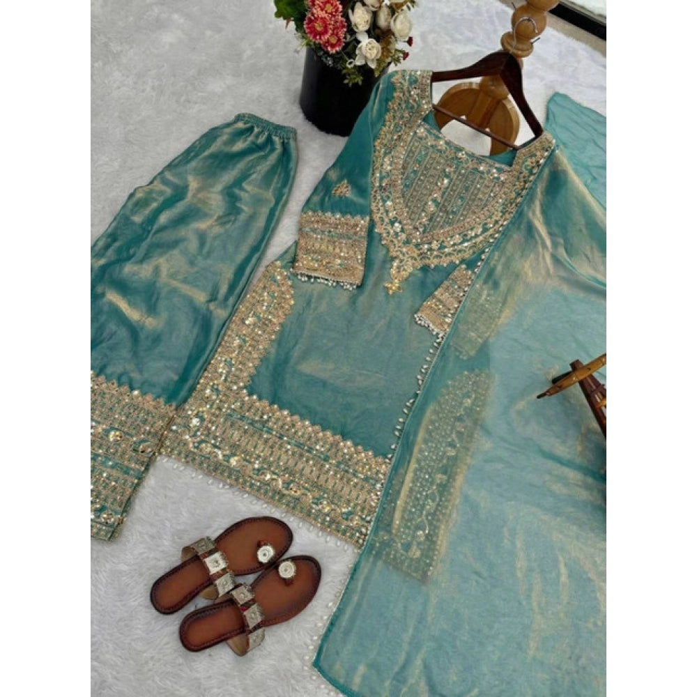 Silk Embroidered 3/4th Sleeve Round Kurti With Sharara Pant and Dupatta Set (Sea Green)