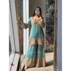 Silk Embroidered 3/4th Sleeve Round Kurti With Sharara Pant and Dupatta Set (Sea Green)