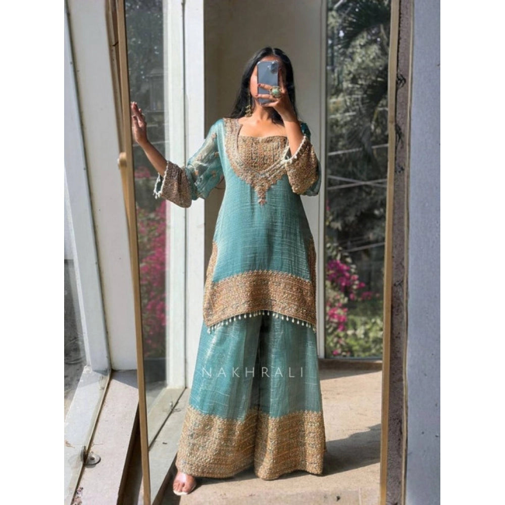 Silk Embroidered 3/4th Sleeve Round Kurti With Sharara Pant and Dupatta Set (Sea Green)