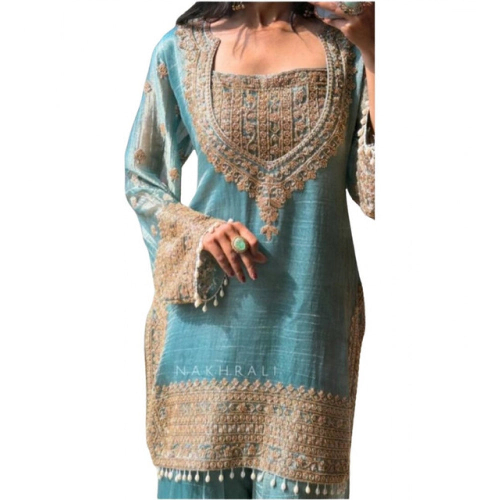 Silk Embroidered 3/4th Sleeve Round Kurti With Sharara Pant and Dupatta Set (Sea Green)