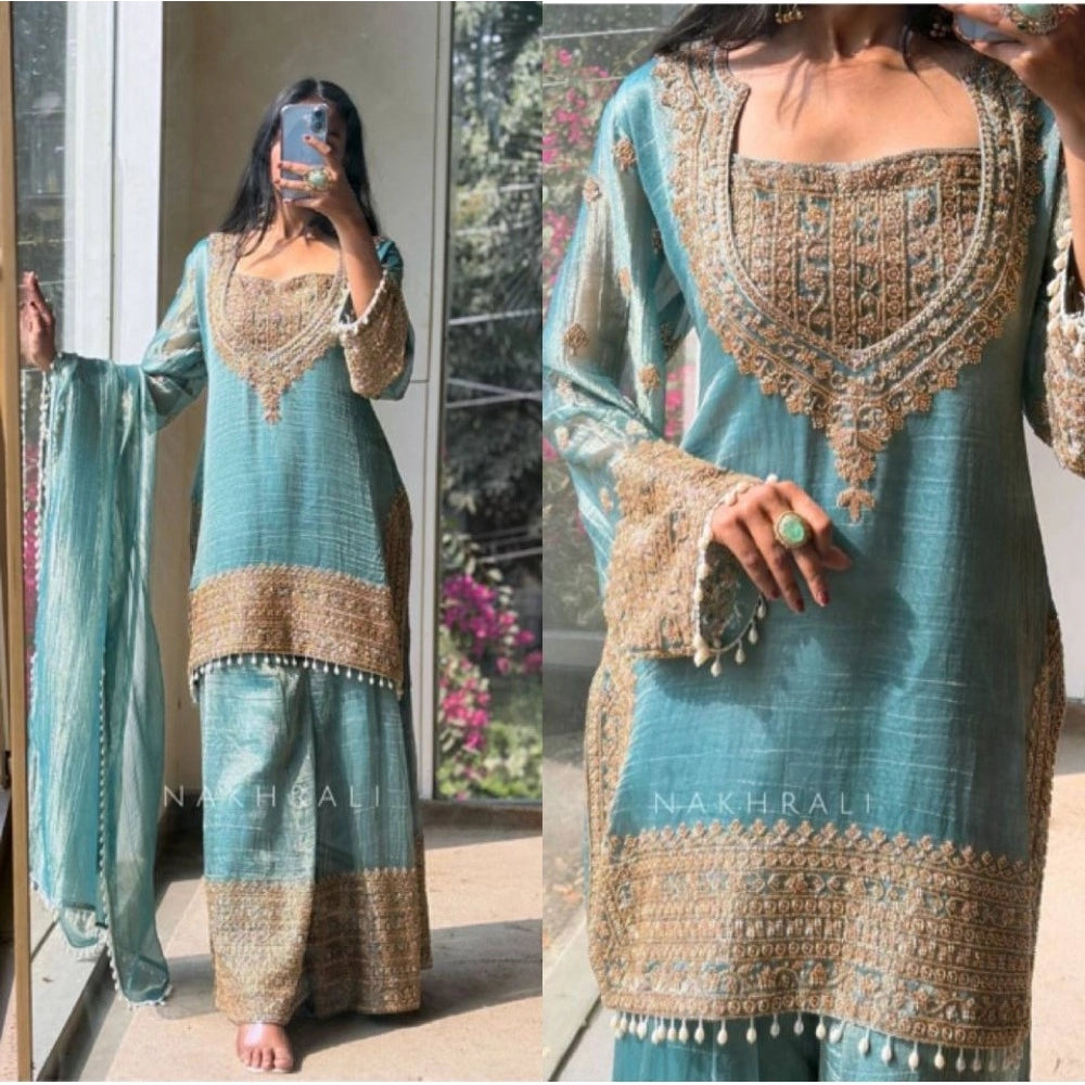 Silk Embroidered 3/4th Sleeve Round Kurti With Sharara Pant and Dupatta Set (Sea Green)