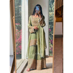 Silk Embroidered 3/4th Sleeve Round Kurti With Sharara Pant and Dupatta Set (Green)