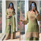 Silk Embroidered 3/4th Sleeve Round Kurti With Sharara Pant and Dupatta Set (Green)
