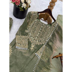 Silk Embroidered 3/4th Sleeve Round Kurti With Sharara Pant and Dupatta Set (Green)