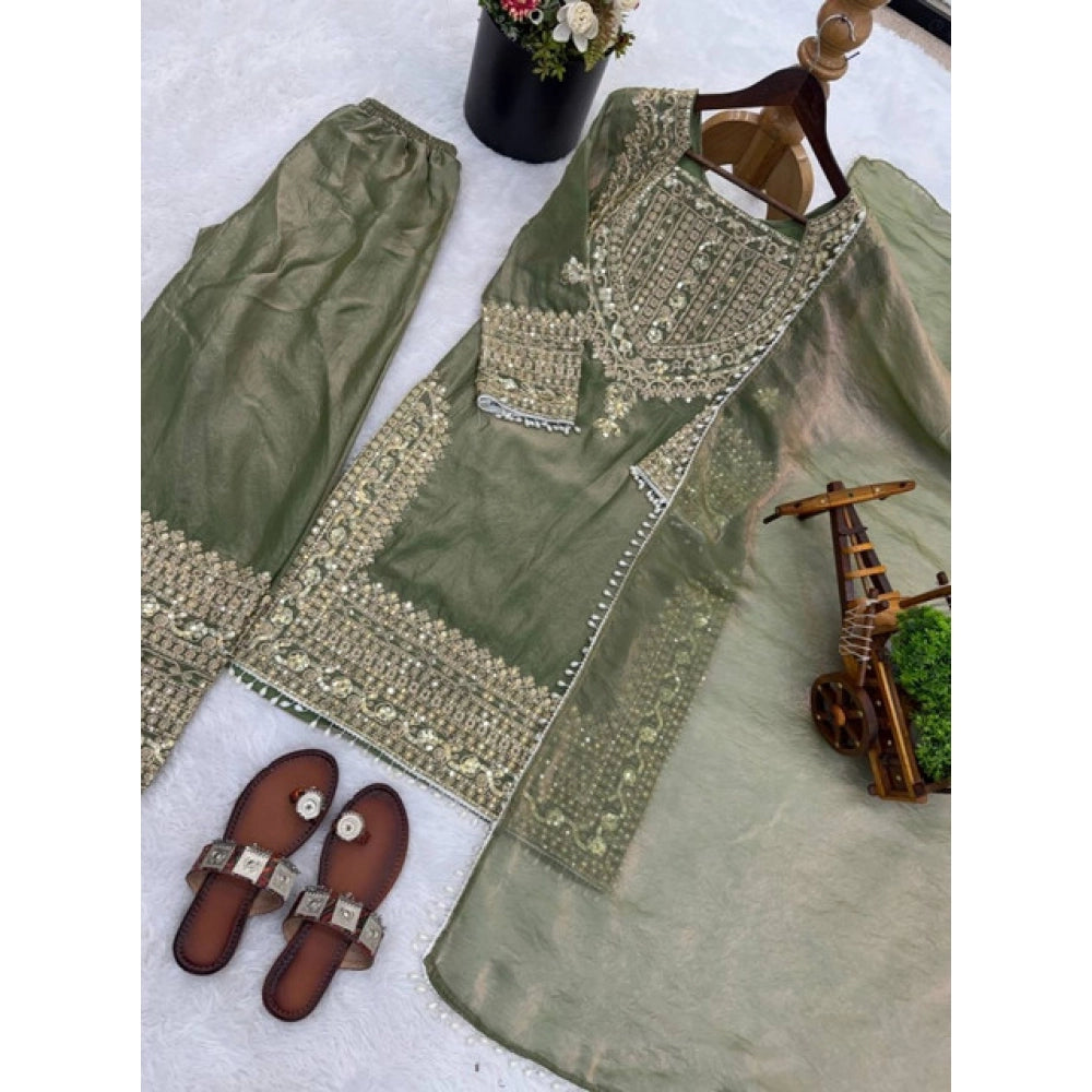 Silk Embroidered 3/4th Sleeve Round Kurti With Sharara Pant and Dupatta Set (Green)