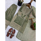 Silk Embroidered 3/4th Sleeve Round Kurti With Sharara Pant and Dupatta Set (Green)