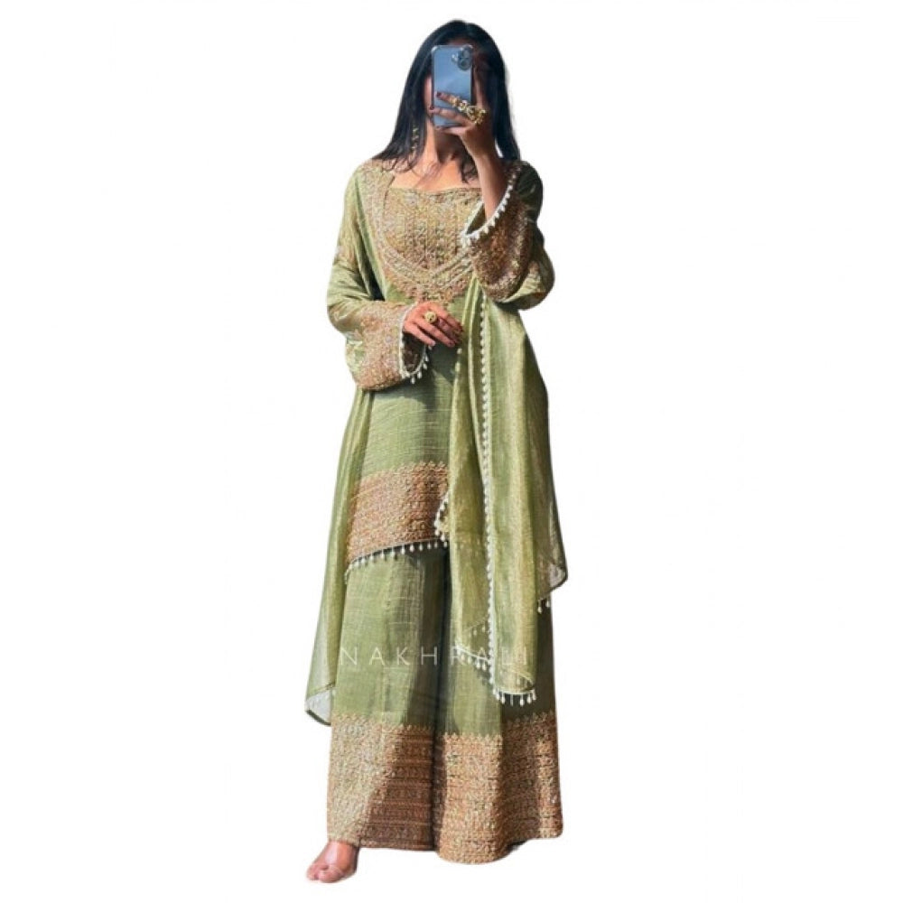 Silk Embroidered 3/4th Sleeve Round Kurti With Sharara Pant and Dupatta Set (Green)