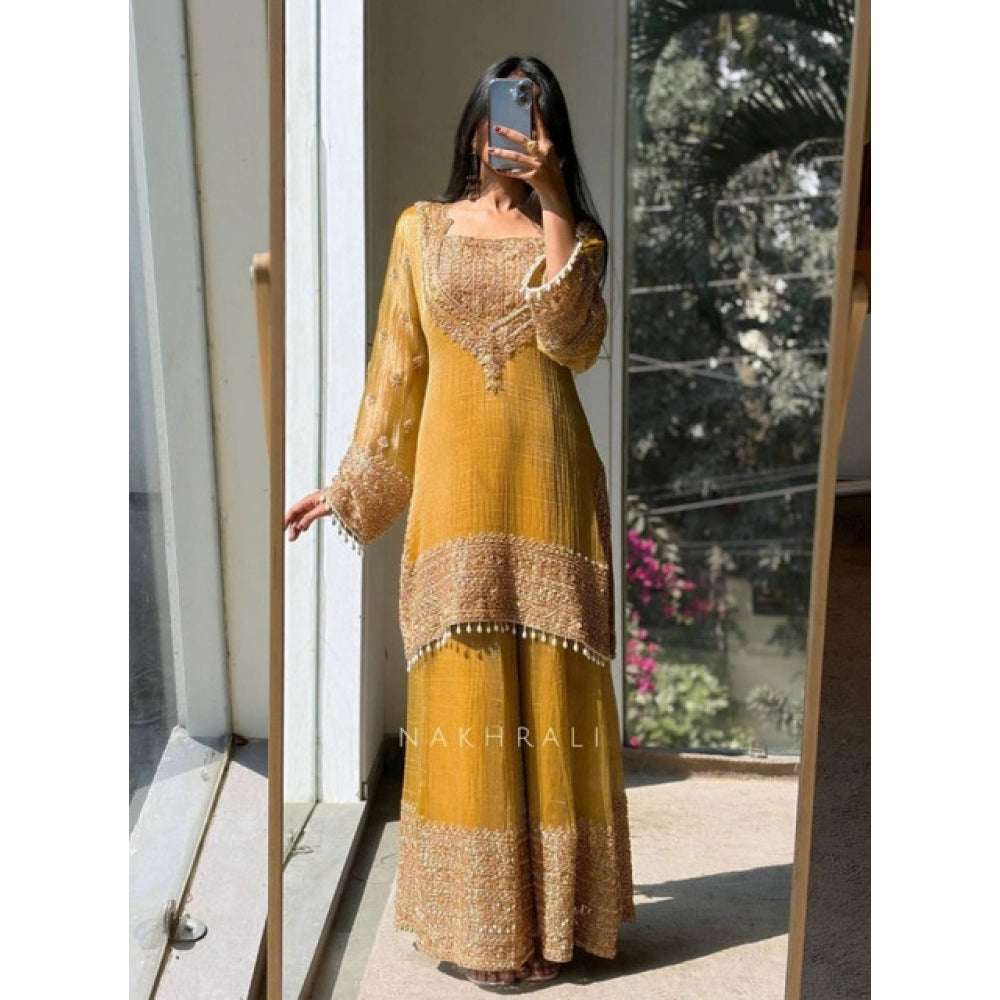 Silk Embroidered 3/4th Sleeve Round Kurti With Sharara Pant and Dupatta Set (Yellow)
