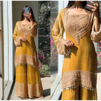 Silk Embroidered 3/4th Sleeve Round Kurti With Sharara Pant and Dupatta Set (Yellow)
