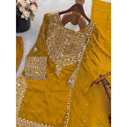 Silk Embroidered 3/4th Sleeve Round Kurti With Sharara Pant and Dupatta Set (Yellow)