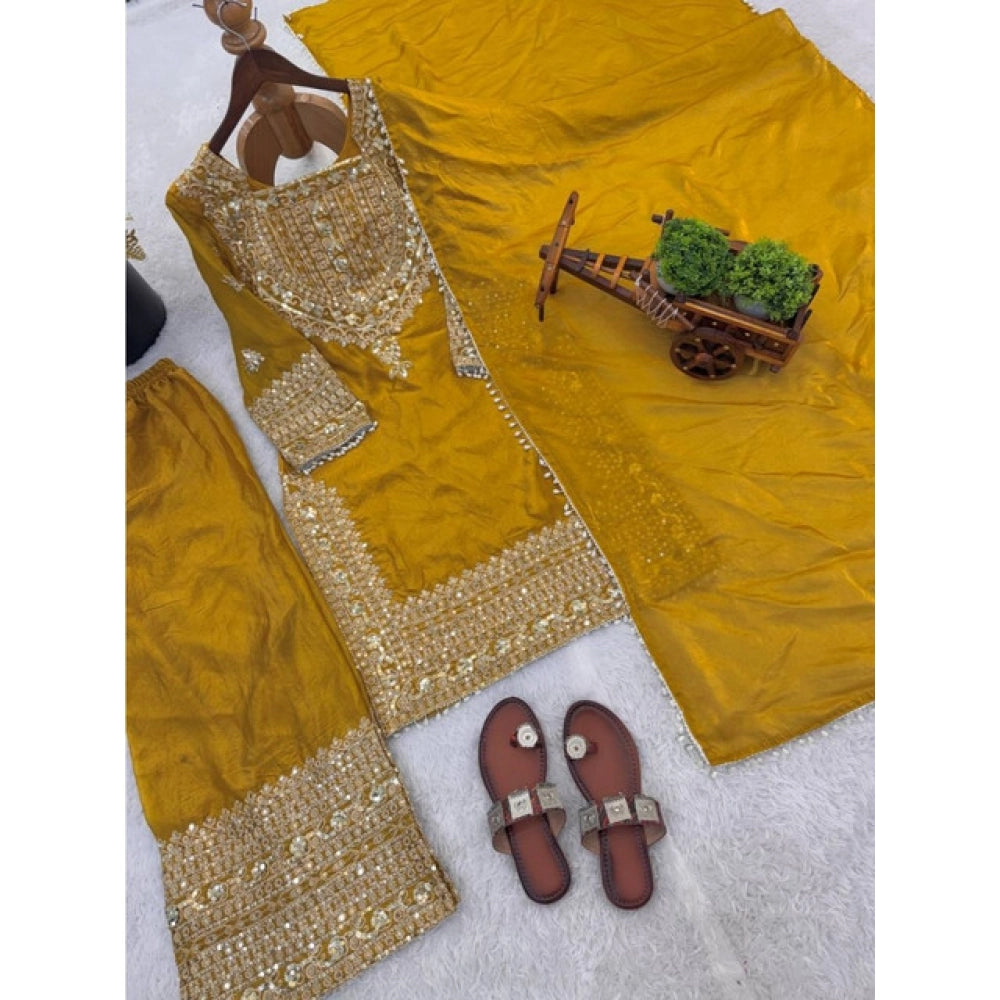 Silk Embroidered 3/4th Sleeve Round Kurti With Sharara Pant and Dupatta Set (Yellow)