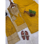 Silk Embroidered 3/4th Sleeve Round Kurti With Sharara Pant and Dupatta Set (Yellow)