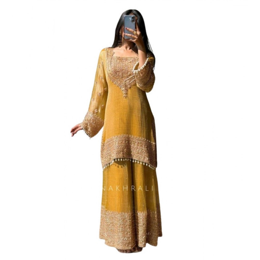 Silk Embroidered 3/4th Sleeve Round Kurti With Sharara Pant and Dupatta Set (Yellow)