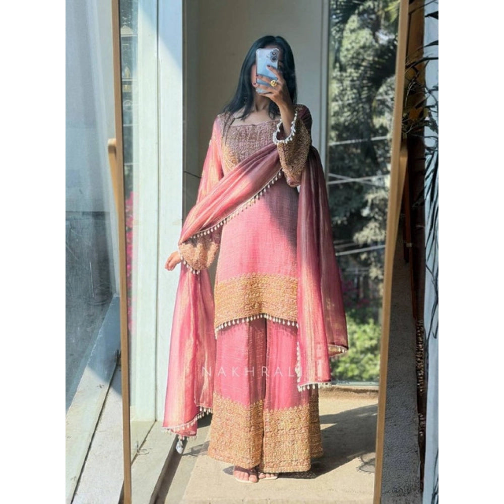Silk Embroidered 3/4th Sleeve Round Kurti With Sharara Pant and Dupatta Set (Pink)