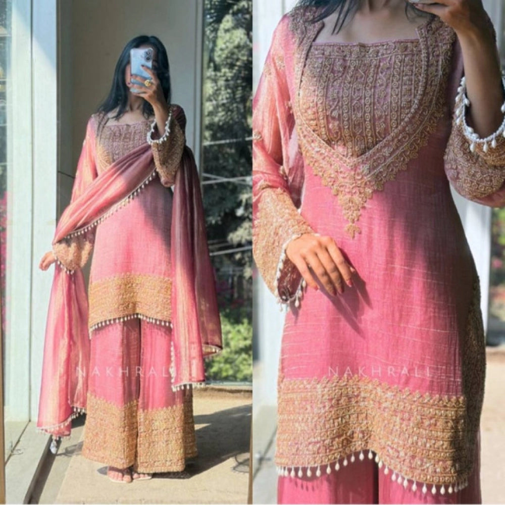 Silk Embroidered 3/4th Sleeve Round Kurti With Sharara Pant and Dupatta Set (Pink)