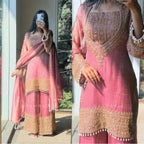 Silk Embroidered 3/4th Sleeve Round Kurti With Sharara Pant and Dupatta Set (Pink)