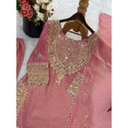 Silk Embroidered 3/4th Sleeve Round Kurti With Sharara Pant and Dupatta Set (Pink)