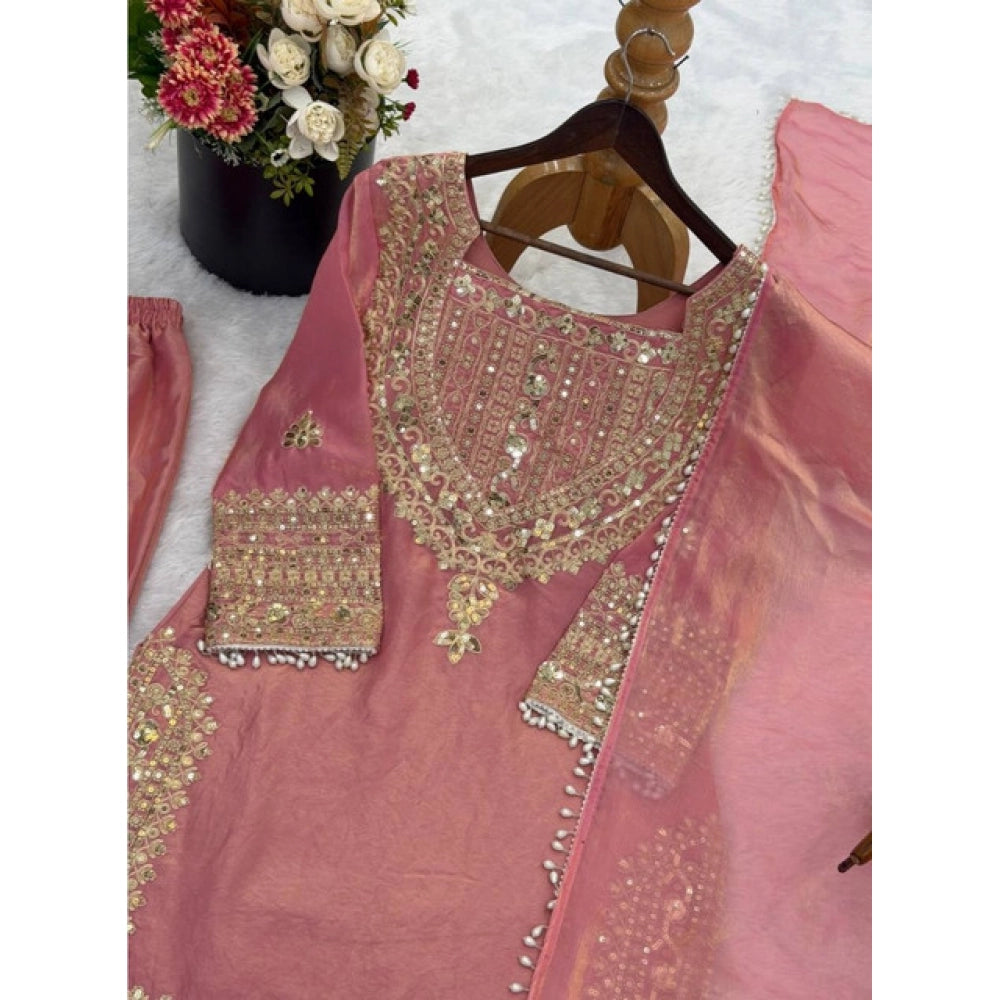 Silk Embroidered 3/4th Sleeve Round Kurti With Sharara Pant and Dupatta Set (Pink)
