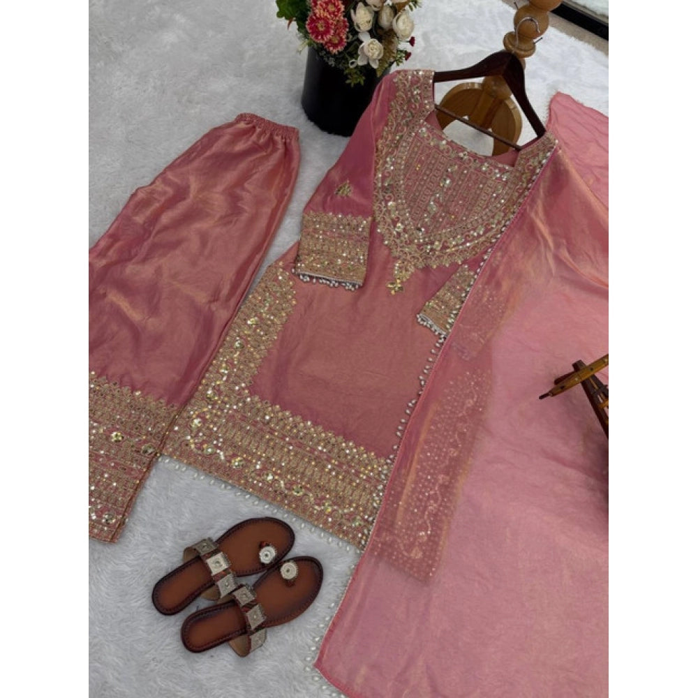 Silk Embroidered 3/4th Sleeve Round Kurti With Sharara Pant and Dupatta Set (Pink)