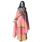 Silk Embroidered 3/4th Sleeve Round Kurti With Sharara Pant and Dupatta Set (Pink)