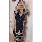 Silk Embroidered 3/4th Sleeve Round Readymade Kurti With Palazzo Pant and Dupatta Set (Black)