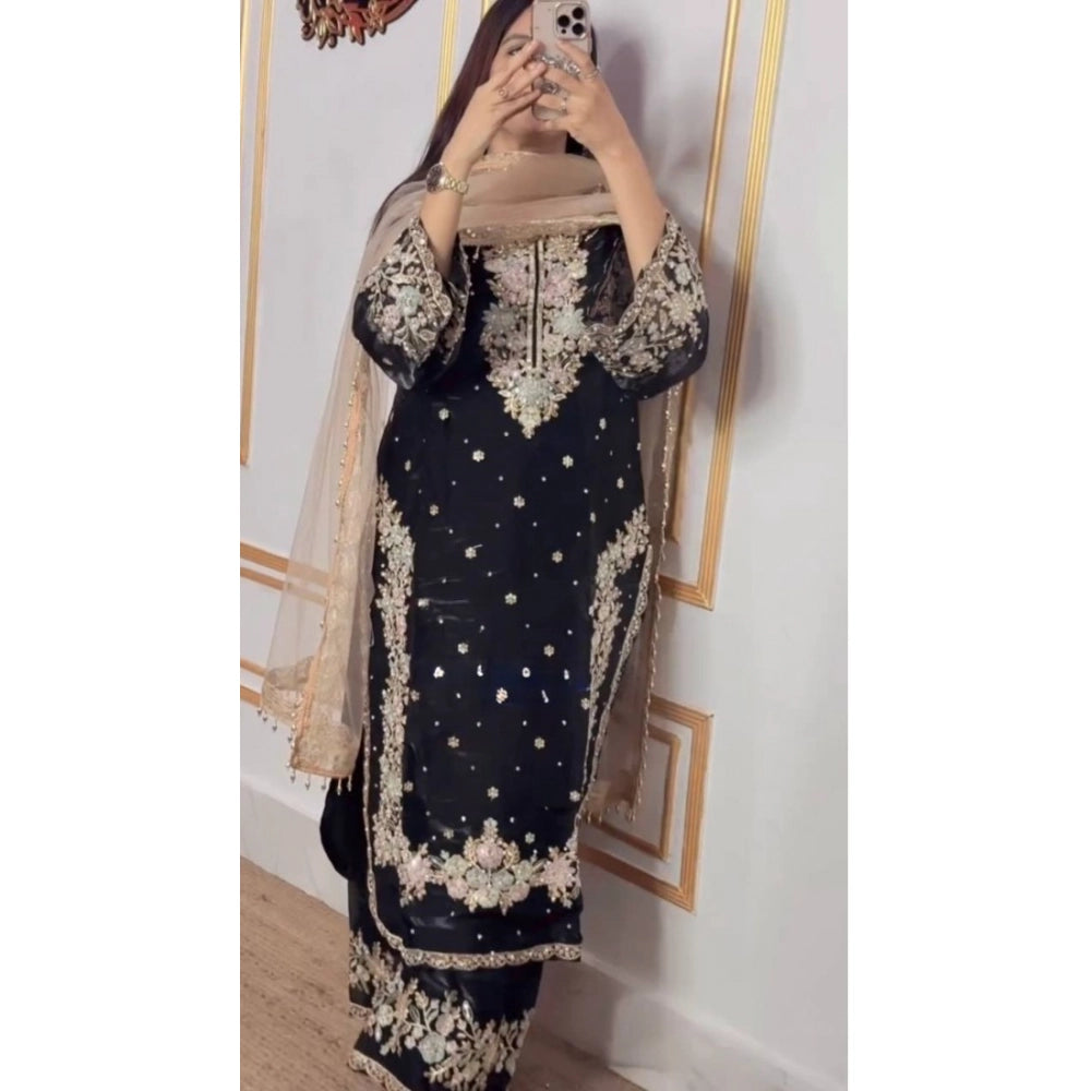 Silk Embroidered 3/4th Sleeve Round Readymade Kurti With Palazzo Pant and Dupatta Set (Black)