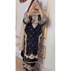 Silk Embroidered 3/4th Sleeve Round Readymade Kurti With Palazzo Pant and Dupatta Set (Black)
