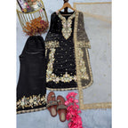 Silk Embroidered 3/4th Sleeve Round Readymade Kurti With Palazzo Pant and Dupatta Set (Black)